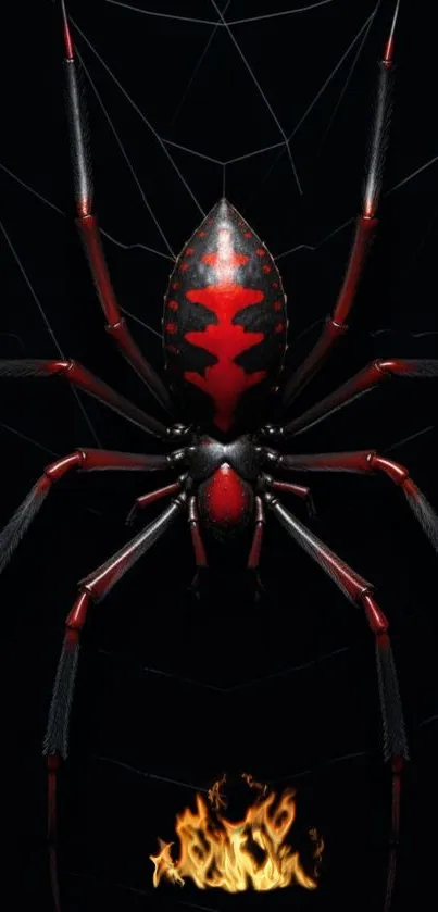 Black and red spider on a dark web with fiery accents wallpaper.