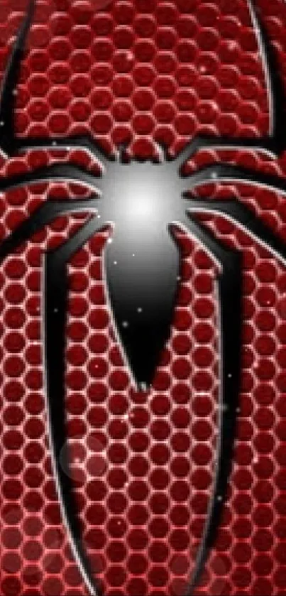 Red wallpaper with a black spider symbol on a honeycomb pattern.