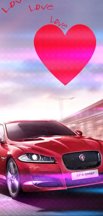 Vibrant red sports car with heart overlay.