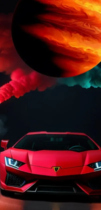 Red sports car with vibrant planet background in stunning wallpaper.