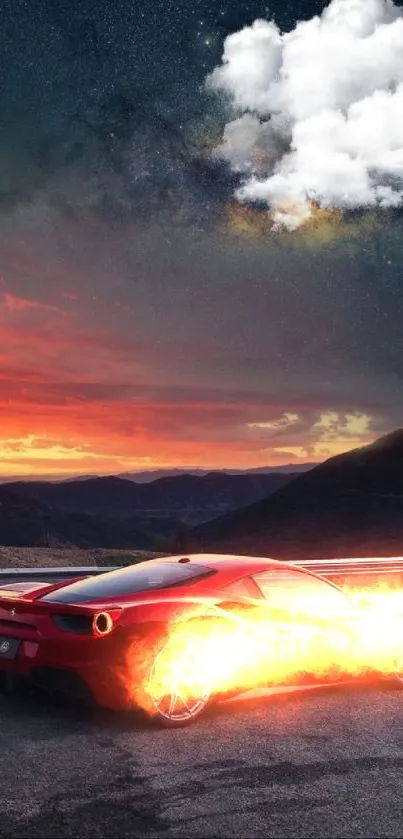 Red sports car with sunset backdrop and starry sky for mobile wallpaper.