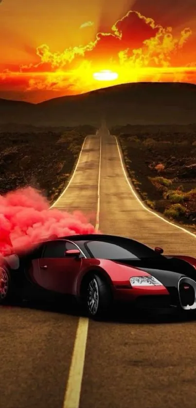 Red sports car on open road at sunset with vibrant sky and smoke.