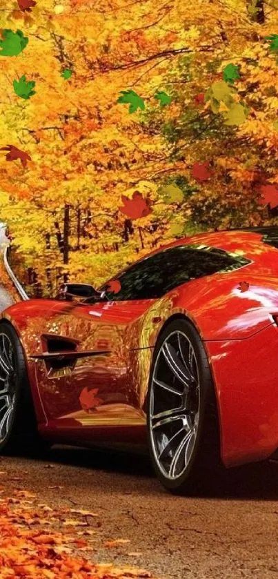 Red sports car driving through vibrant autumn foliage on a scenic road.