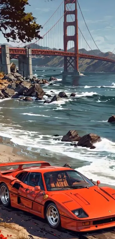 Red sports car by a coastal bridge on a sunny day.