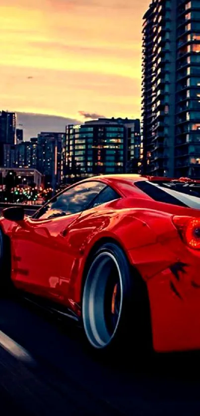 Red sports car cruising a city at sunset.