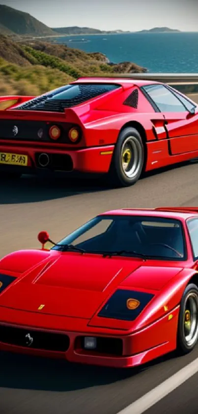 Red sports car driving on a coastal highway with scenic view.