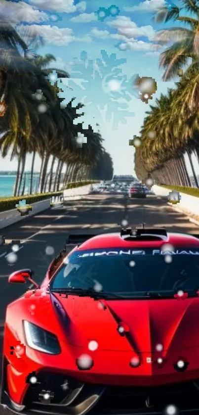 Red sports car driving down a palm-lined coastal road.