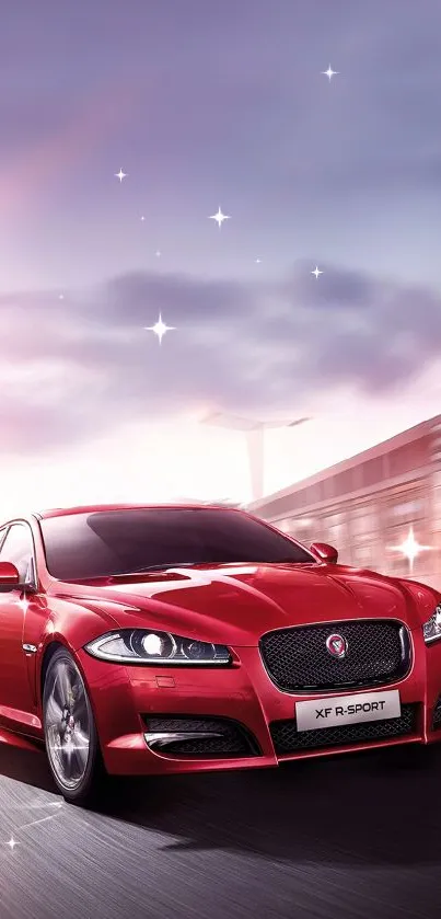 Red sports car on road with dynamic background.