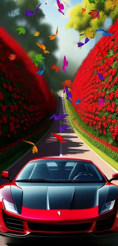 Sleek red sports car on scenic road with vibrant butterflies.