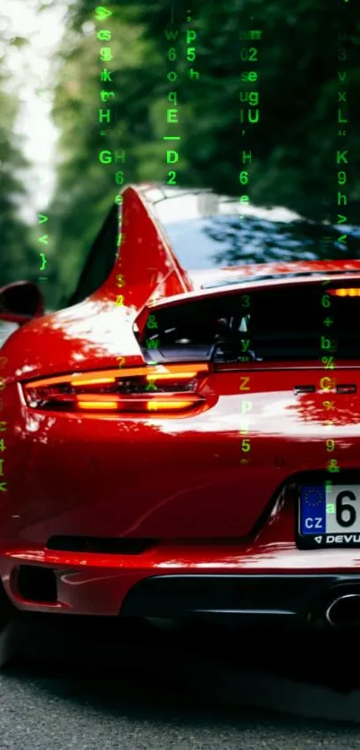 Red sports car with digital green overlay on forest road.