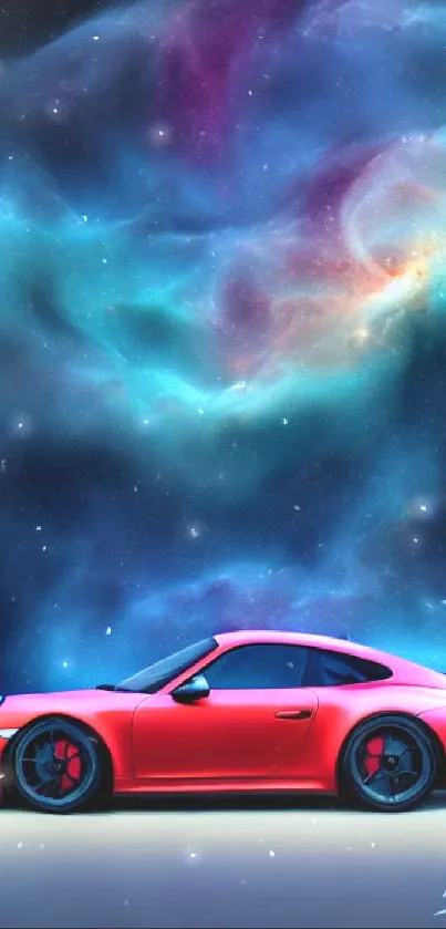 Red sports car with galaxy background mobile wallpaper.