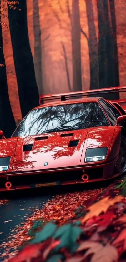 Red sports car driving through autumn forest with vibrant leaves