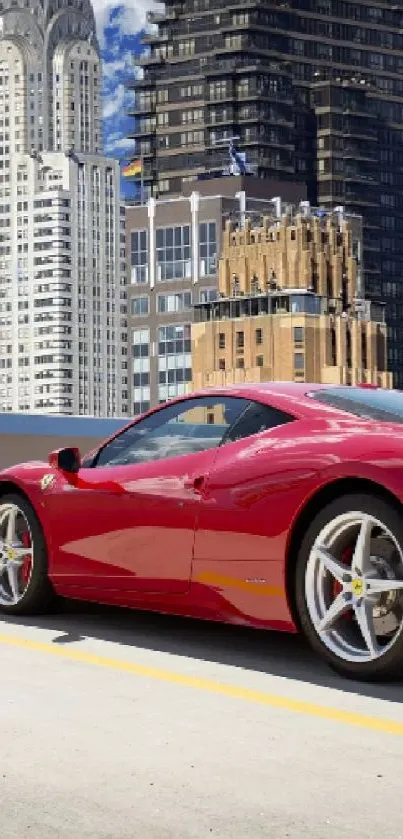 Red sports car on a city rooftop background, sleek and dynamic.