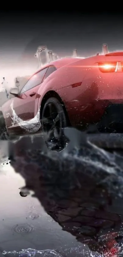 Red sports car racing through a rainy cityscape.