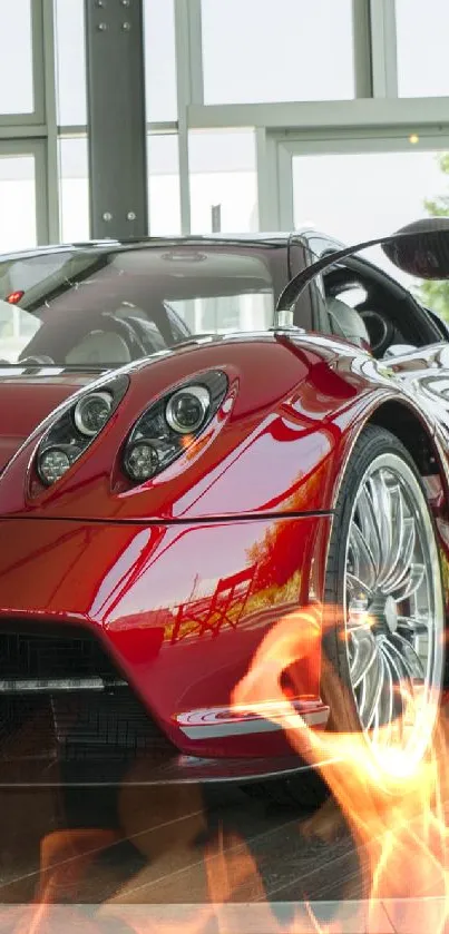 Red sports car in a bright, modern showroom setting.