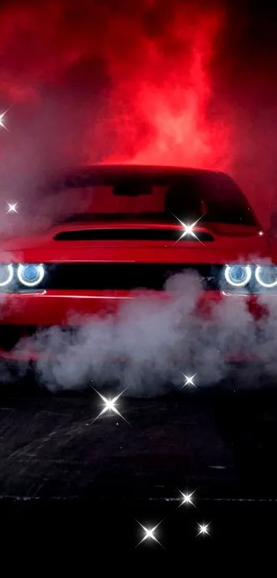 Red sports car driving through smoke with bright lights.