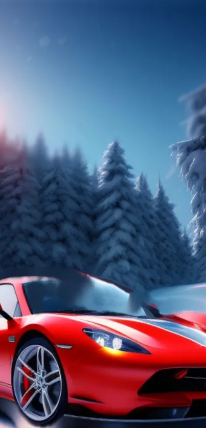 Red sports car in snowy winter forest scene.