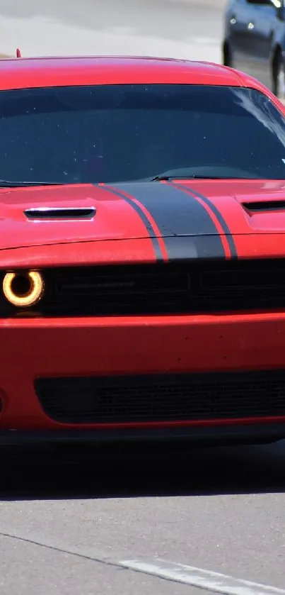 Red sports car driving on a highway, showing sleek design and speed.