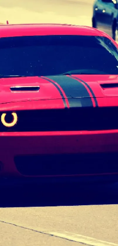 Red sports car driving on highway mobile wallpaper.