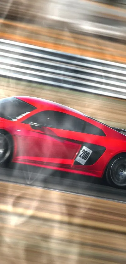 Red sports car speeding on racetrack, capturing motion and thrill.