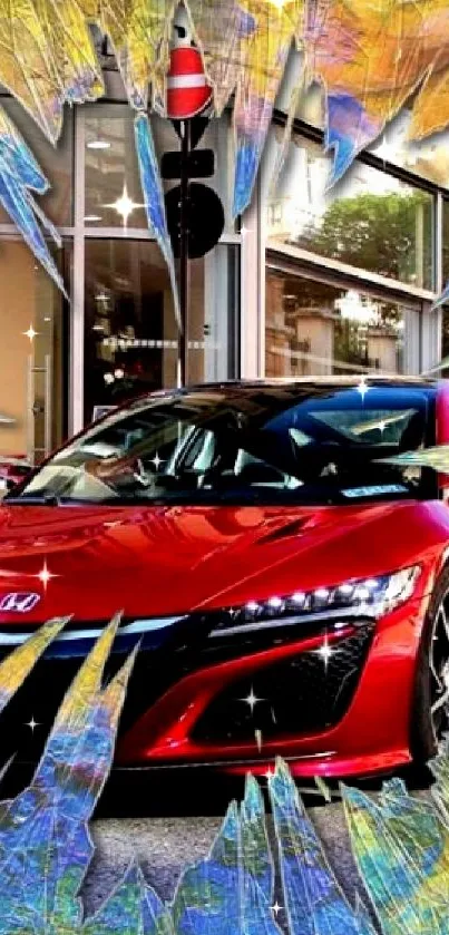 Red sports car with colorful street art background.