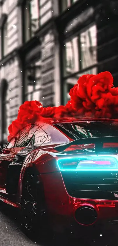 Red sports car driving through urban street with vibrant dynamic smoke.