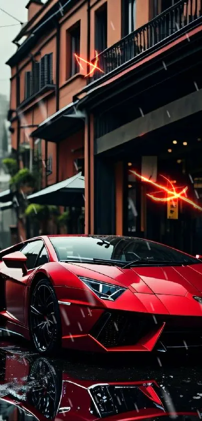 Sleek red sports car on a stylish city street.