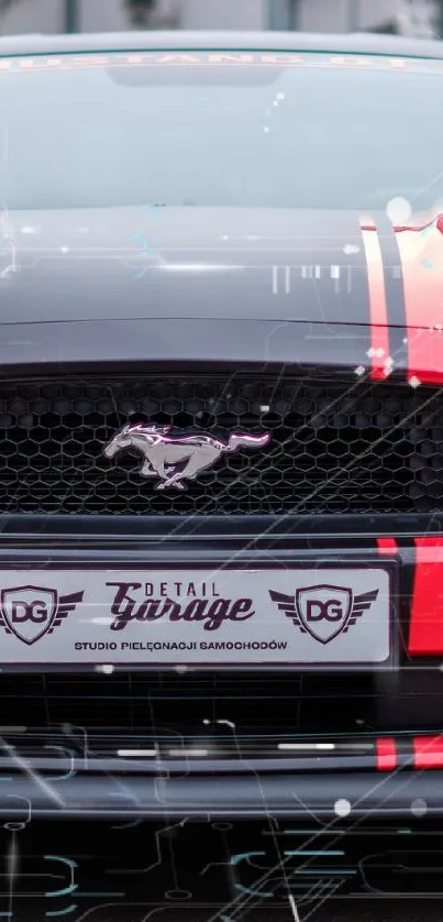 Red Mustang with racing stripes parked in urban area.