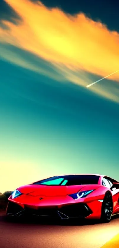 Striking red sports car parked on road under vibrant sky.