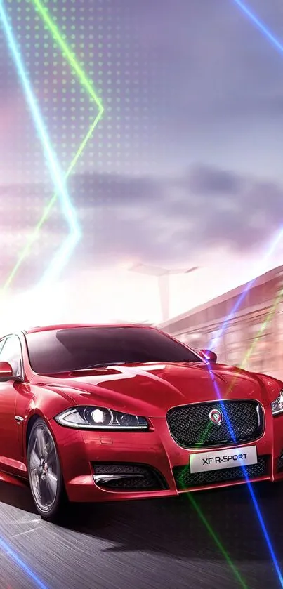 Red sports car in motion on a city road.