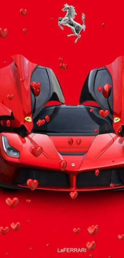 Red sports car with heart accents on a vibrant background.