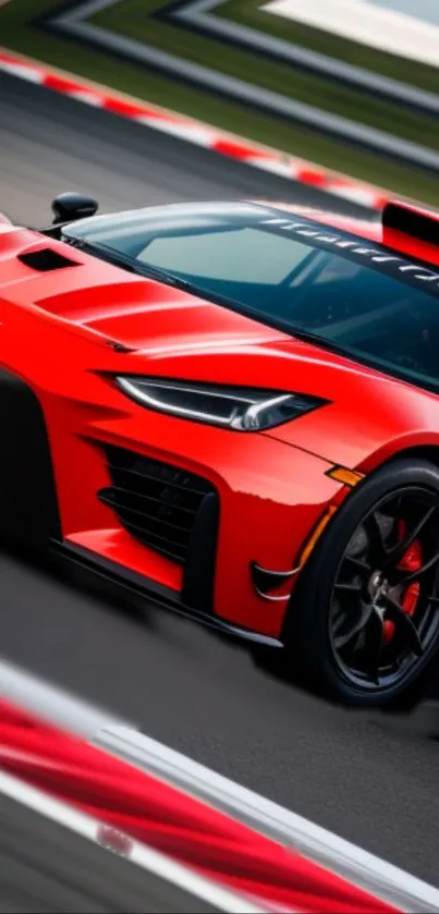 Vibrant red sports car on a racing track.