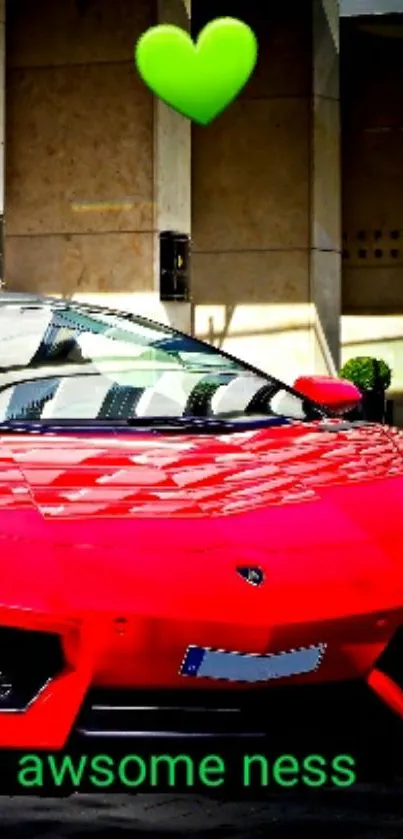 Red sports car with green heart above it.