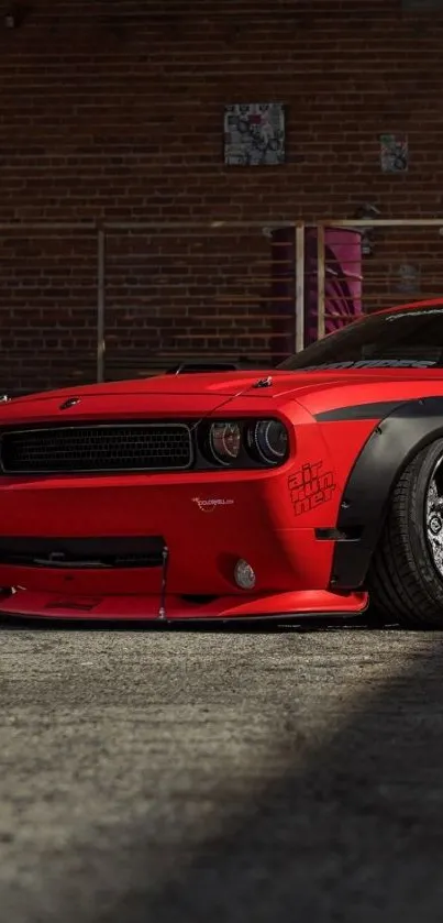 Striking red sports car in urban setting.