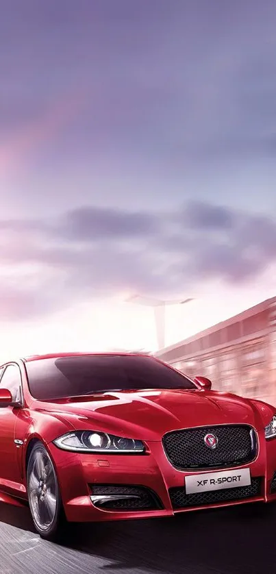 Red sports car driving with motion blur effect.