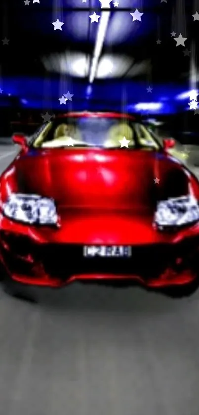 Red sports car with dynamic lighting and star accents.