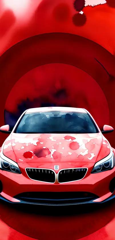 Vibrant red sports car with artistic watercolor effect on a dynamic background.