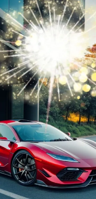 Red sports car with fireworks display in the background.