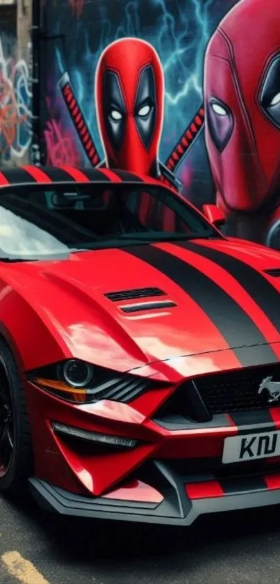 Red sports car with graffiti of masked figures in the background.