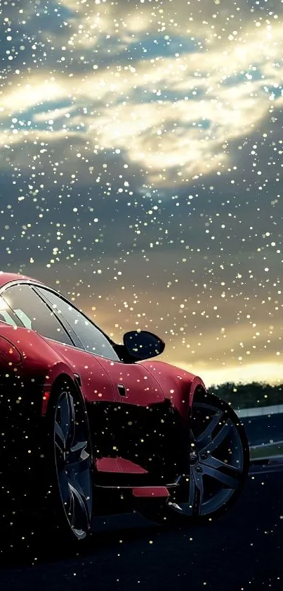 Red sportscar on a road with dramatic sunset sky.