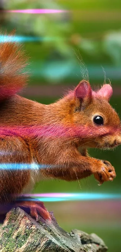 Red squirrel perched on a tree with a lush green background.