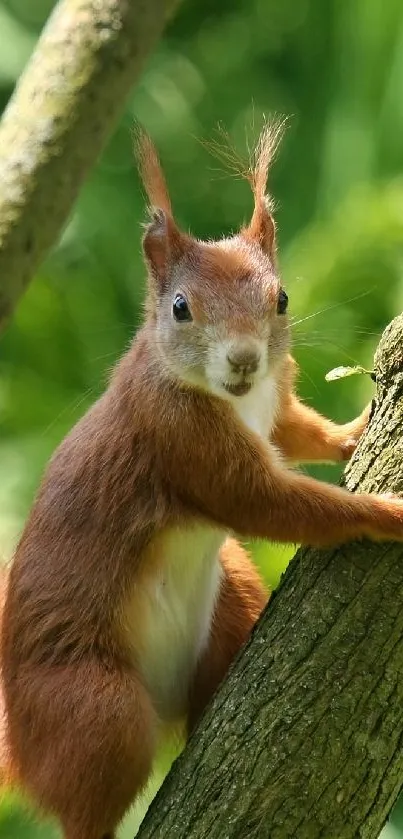 Red squirrel climbing a tree in a lush green forest setting.