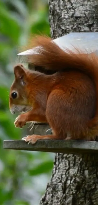 A red squirrel perched on a tree, surrounded by green foliage.