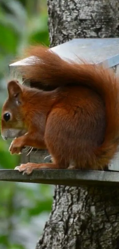 Red squirrel sitting on a wooden shelf against a tree.