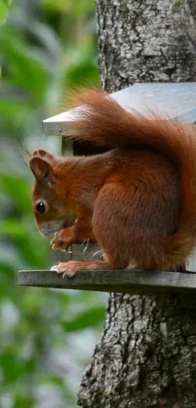 Curious red squirrel perched on a tree surrounded by lush green forest.