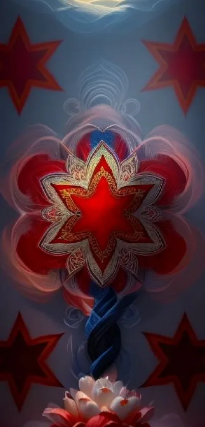 Mobile wallpaper featuring a red star and intricate floral designs on a muted background.