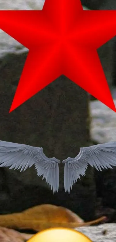 Mobile wallpaper with red star and grey wings design