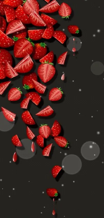 Red strawberries scattered on a black background wallpaper.