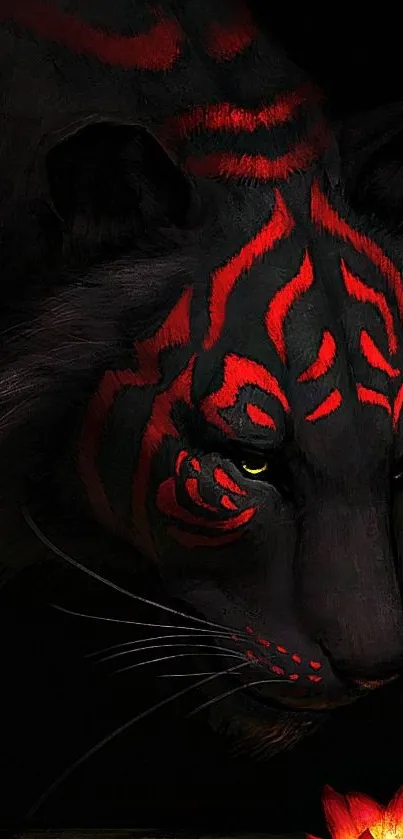 Dark digital painting of a tiger with red stripes on a black background.