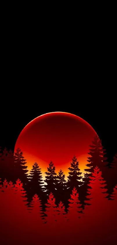 Red sun setting behind silhouette trees on a dark background wallpaper.